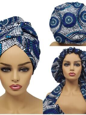 Blue Printed Satin-Lined Head Wrap and Bonnet Set